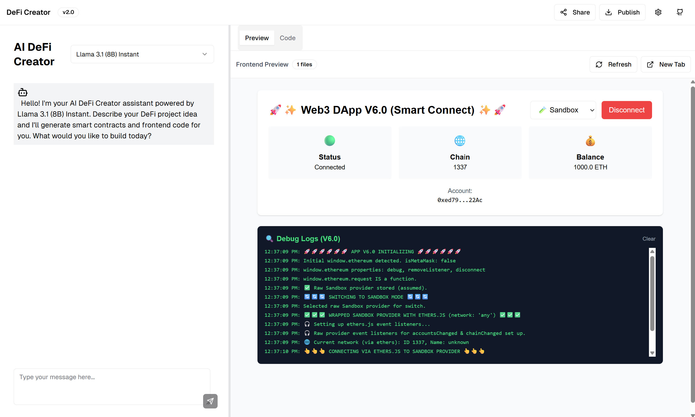 AI DeFi Creator interface showing a sandbox environment with generated smart contract