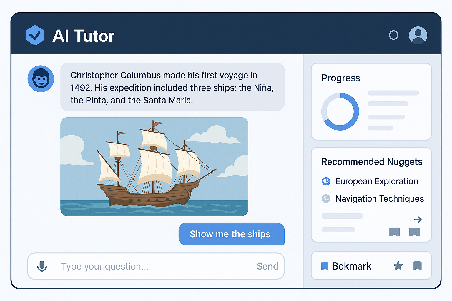 AI Tutor interface showing a learning nugget about Christopher Columbus with ship illustration