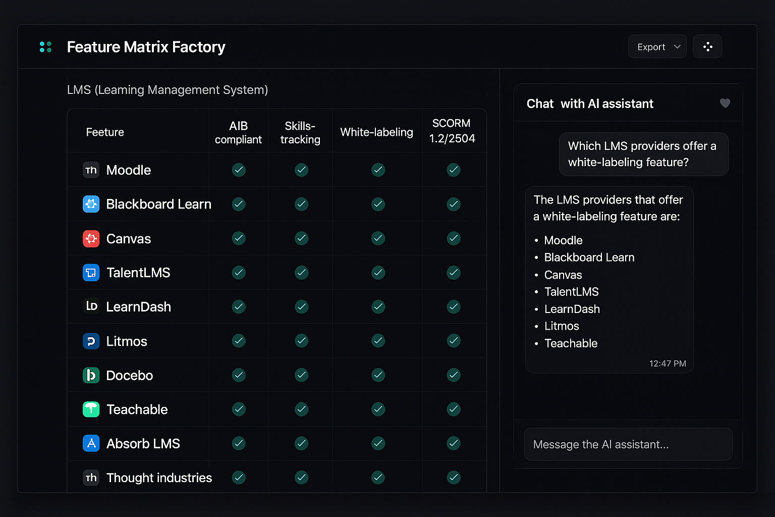 Feature Matrix Factory showing LMS comparison matrix with AI assistant chat