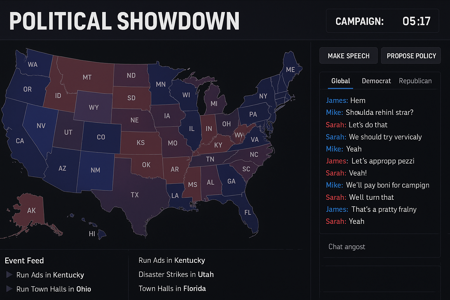 Political Showdown game interface showing US map with party colors and real-time chat